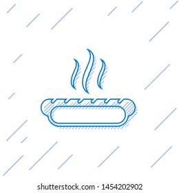 Blue Hotdog sandwich with mustard line icon isolated on white background. Sausage icon. Fast food sign. Vector Illustration