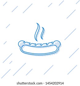 Blue Hotdog sandwich with mustard line icon isolated on white background. Sausage icon. Fast food sign. Vector Illustration