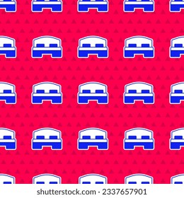 Blue Hotel room bed icon isolated seamless pattern on red background.  Vector