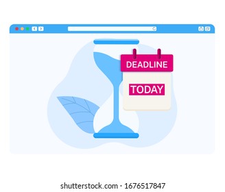 Blue hourglass and calendar with project deadline. Back abstract blue background and leaves. Well suited for business or educational topics.