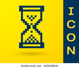 Blue Hourglass pixel with flowing sand icon isolated on yellow background. Sand clock sign. Business and time management concept.  Vector Illustration