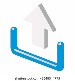 Blue house and arrow icons symbolize real estate business and property market growth