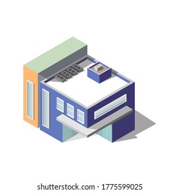 Blue house with a canopy. Office center. Building in isometric style