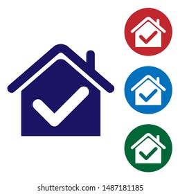 Blue House with check mark icon isolated on white background. Real estate agency or cottage town elite class. Set color icons in circle buttons. Vector Illustration