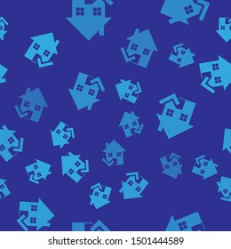 Blue House with check mark icon isolated seamless pattern on blue background. Real estate agency or elite class town cottage.  Vector Illustration