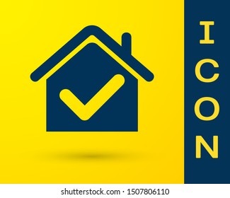 Blue House with check mark icon isolated on yellow background. Real estate agency or cottage town elite class.  Vector Illustration