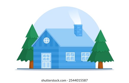 A blue house with a chimney and a small window sits between two green pine trees. The simple yet charming design is perfect for children's illustrations and greeting cards.