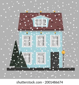 Blue house with Christmas trees and a lantern in winter under a snowfall in Europe in flat style