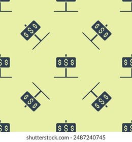 Blue House with dollar symbol icon isolated seamless pattern on yellow background. Home and money. Real estate concept.  Vector