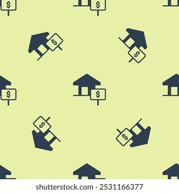 Blue House with dollar symbol icon isolated seamless pattern on yellow background. Home and money. Real estate concept.  Vector