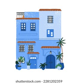 Blue house facade. Old Morocco architecture. Moroccan traditional building exterior. Cozy residential home construction with plants, outside view. Flat vector illustration isolated on white background