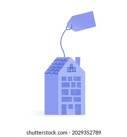 Casa azul de estilo plano aislada en blanco. Concepto de negocios inmobiliarios, hipotecas, alquiler. Edificio de colores a la venta o alquiler con precio fijo. 