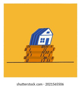 Blue house in flat style vector illustration. A stack of money sticking out of the roof. Concept of business in real estate, mortgage, rent. Rental and sale of habitation