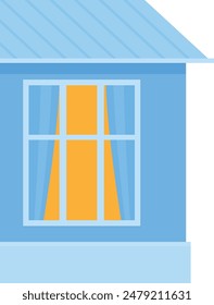 Blue house front view, yellow curtains, simple clean. House facade, blue walls, shining. Building front, minimalistic yellow