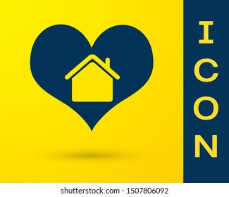 Blue House with heart shape icon isolated on yellow background. Love home symbol. Family, real estate and realty.  Vector Illustration