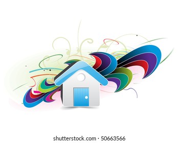 A blue house icon with abstract wave background, vector illustration.