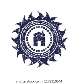 Blue house icon inside distressed rubber stamp