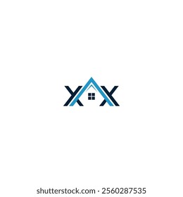 A blue house icon with the letter "X" repeated three times, forming a unique and abstract logo