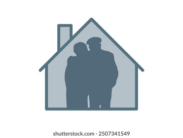 Blue house icon with silhouette of retired seniors