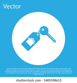 Blue House with key icon isolated on blue background. The concept of the house turnkey. White circle button. Vector Illustration