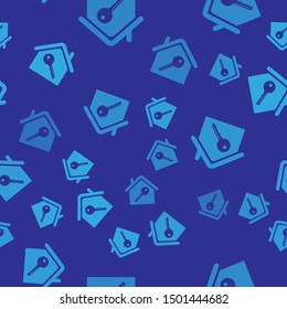 Blue House with key icon isolated seamless pattern on blue background. The concept for turnkey house.  Vector Illustration