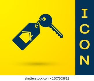 Blue House with key icon isolated on yellow background. The concept of the house turnkey.  Vector Illustration
