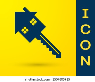 Blue House with key icon isolated on yellow background. The concept of the house turnkey.  Vector Illustration