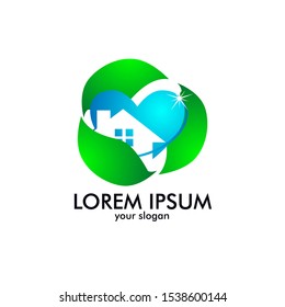 blue house and leaf with shape logo icon for building or care centre company symbol