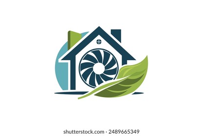 A blue house with lush green leaves growing on its roof, Clean and elegant logo featuring a stylized house or building pro logo Vector