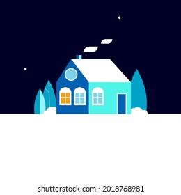 Blue house in the night with winter trees, snow and stars
