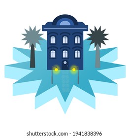 Ein blaues Haus auf blauem Hintergrund in Form eines zwölf-Punkte-Sterns, zwei Bäume am Haus und zwei Lampen vor dem Haus