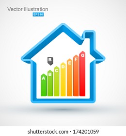 Blue house outline with energy efficiency rating.