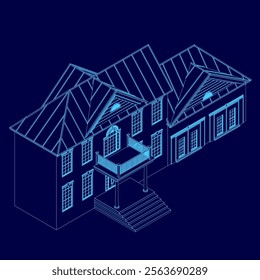 Blue house with a roof and a balcony. The house is shown in a 3D drawing. Isometric view