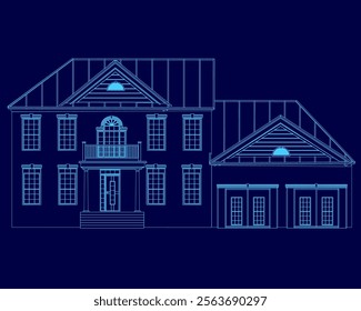 Blue house with a roof and a trim. The house has a lot of windows and a balcony