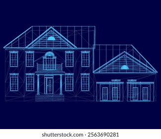 Blue house with a roof and trim. The house is a two-story home with a large porch. The windows are large and evenly spaced