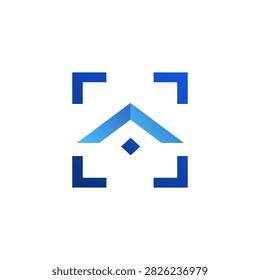 Blue house roof and window inside focus corners, suitable for property search, real estate, home inspection, housing apps, and architectural services.