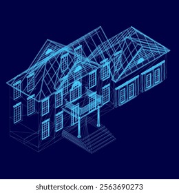 Blue house with a roof and windows. The house is shown in a 3D model. Isometric view