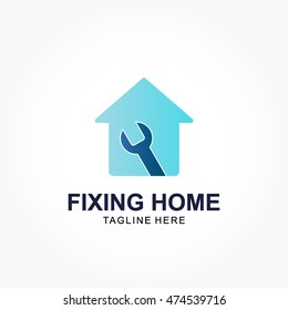 blue house shape with a wrech head on it. home fixing logo vector
