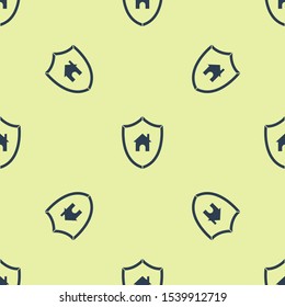 Blue House with shield icon isolated seamless pattern on yellow background. Insurance concept. Security, safety, protection, protect concept.  Vector Illustration