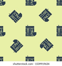 Blue House with shield icon isolated seamless pattern on yellow background. Insurance concept. Security, safety, protection, protect concept.  Vector Illustration