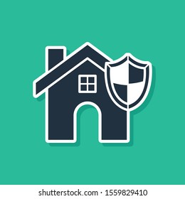 Blue House with shield icon isolated on green background. Insurance concept. Security, safety, protection, protect concept.  Vector Illustration