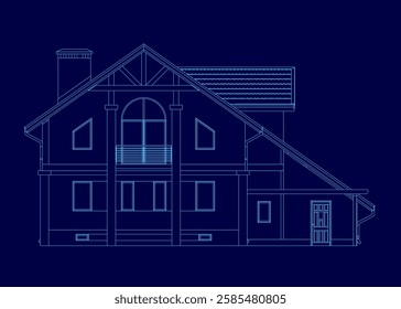 A blue house with a slanted roof and a chimney. The house has a lot of windows and a balcony