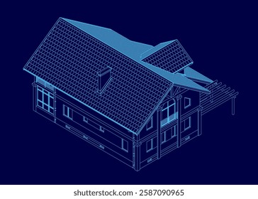 A blue house with a slanted roof and a chimney. The house has a blue color and it looks like a modern design. The windows are placed in different positions. Isometric view