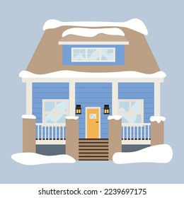 Blaues Haus mit Schnee auf hellem Hintergrund