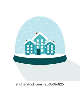 blue house with snowfall, snow globe vector illustration