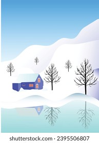Blue house in snowy landscape, lake in the foreground. Illustration vector for Christmas.