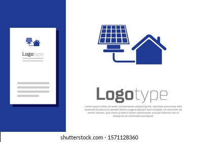 Blue House with solar panel icon isolated on white background. Ecology, solar renewable energy. Eco-friendly house. Environmental Protection. Logo design template element. Vector Illustration