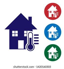 Blue House temperature icon isolated on white background. Thermometer icon. Set color icon in circle buttons. Vector Illustration