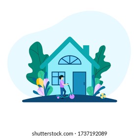 Blue house with trees and crocuses. Flowers, spring. A boy on a ride riding a scooter. Modern flat design. Vectorillustration