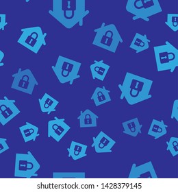 Blue House under protection icon isolated seamless pattern on blue background. Home and lock. Protection, safety, security, protect, defense concept. Vector Illustration